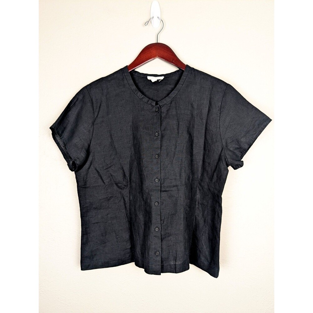 Eileen Fisher Womens Linen Top Shirt Sz M Black Boxy Button Short Sleeve